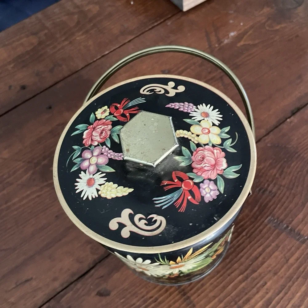 Vintage Floral Embossed Tin Pail Bucket W/ Lid Murray Allen Confections 5.5